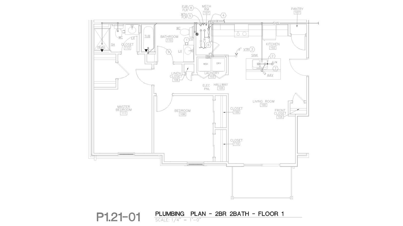 Apartment plumbing plan drawing showing supply and waste piping layout.