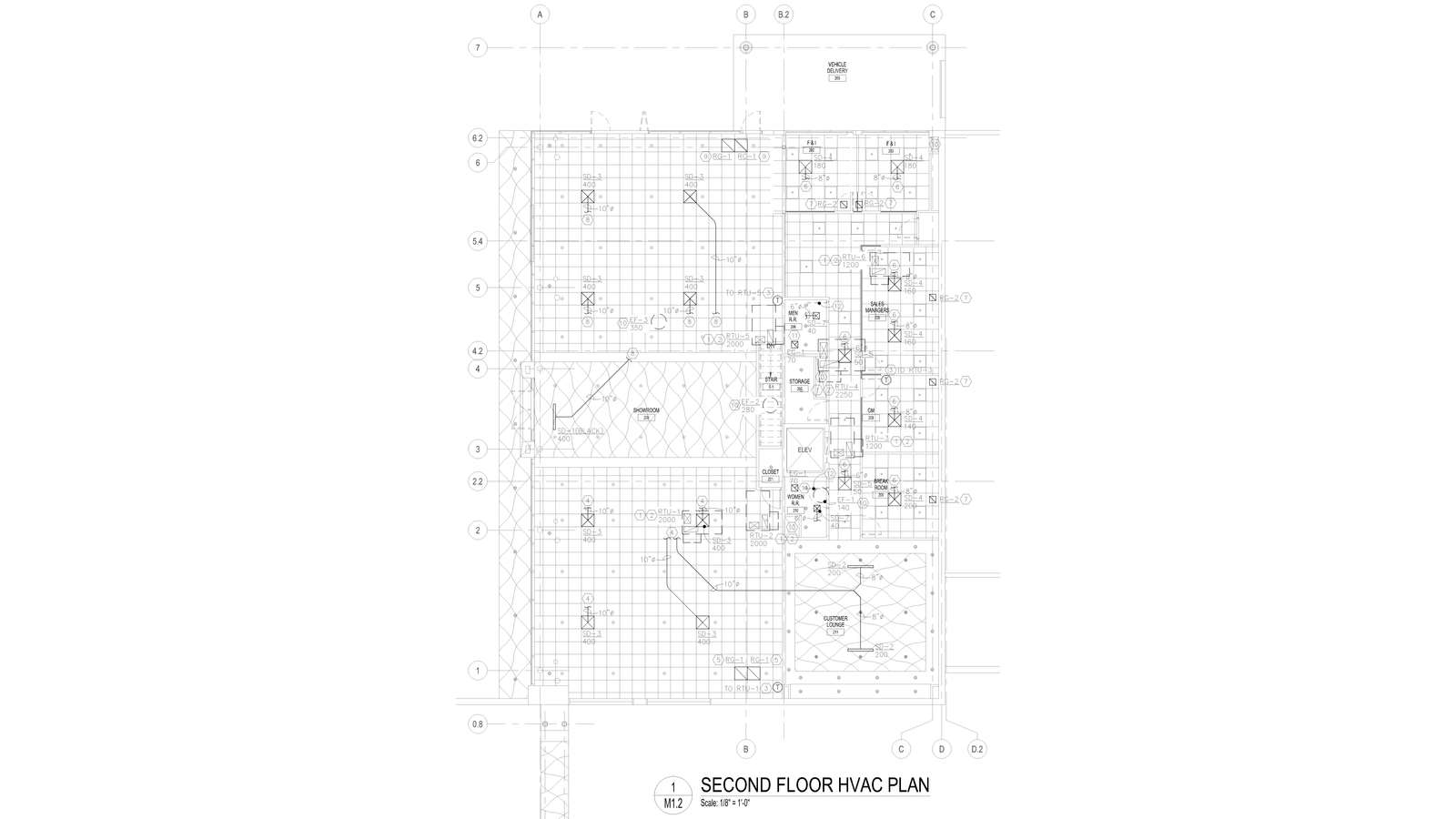Mechanical plan drawing showing HVAC ductwork layout.