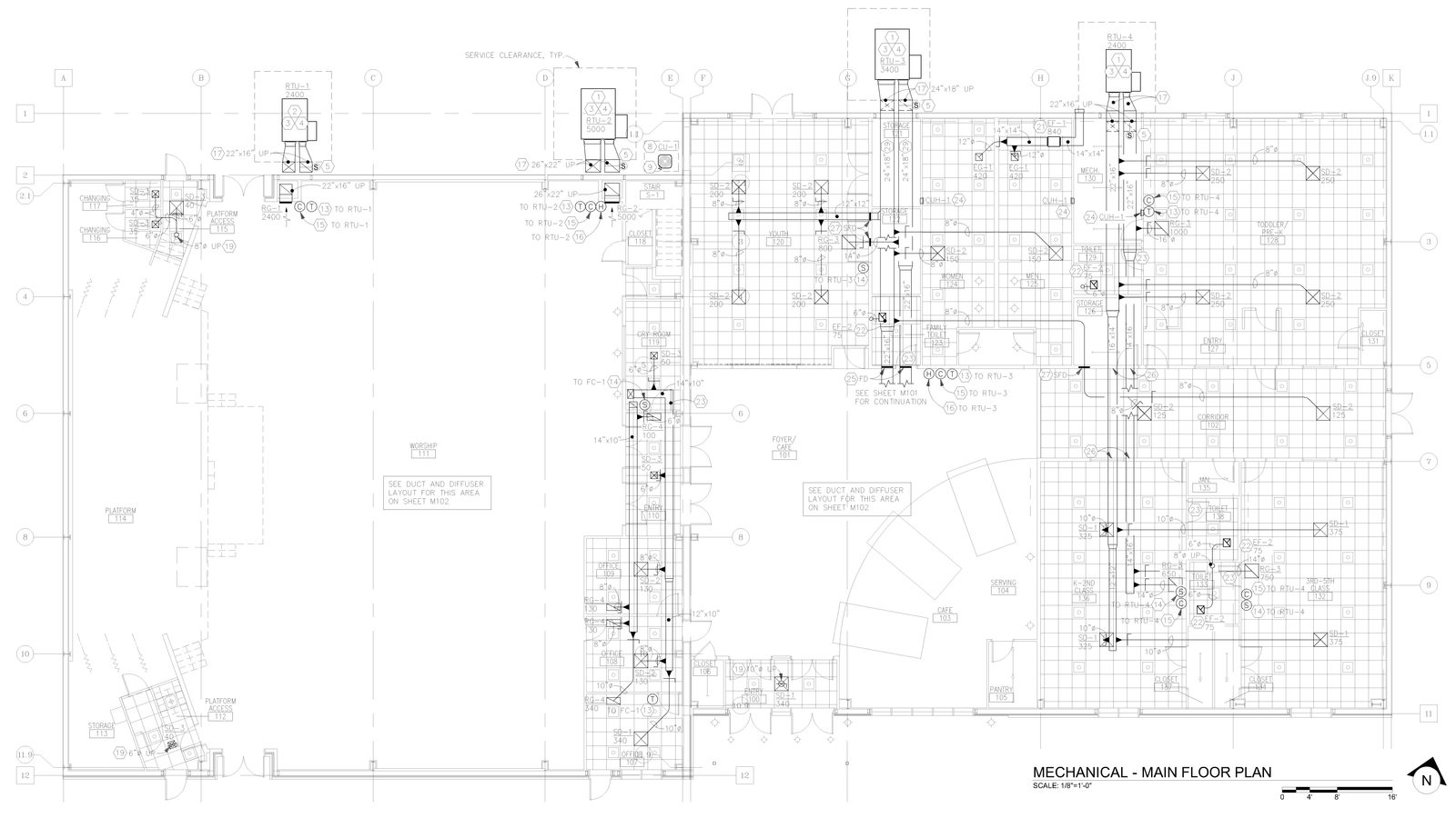Main floor mechanical plan drawing showing HVAC ductwork layout.