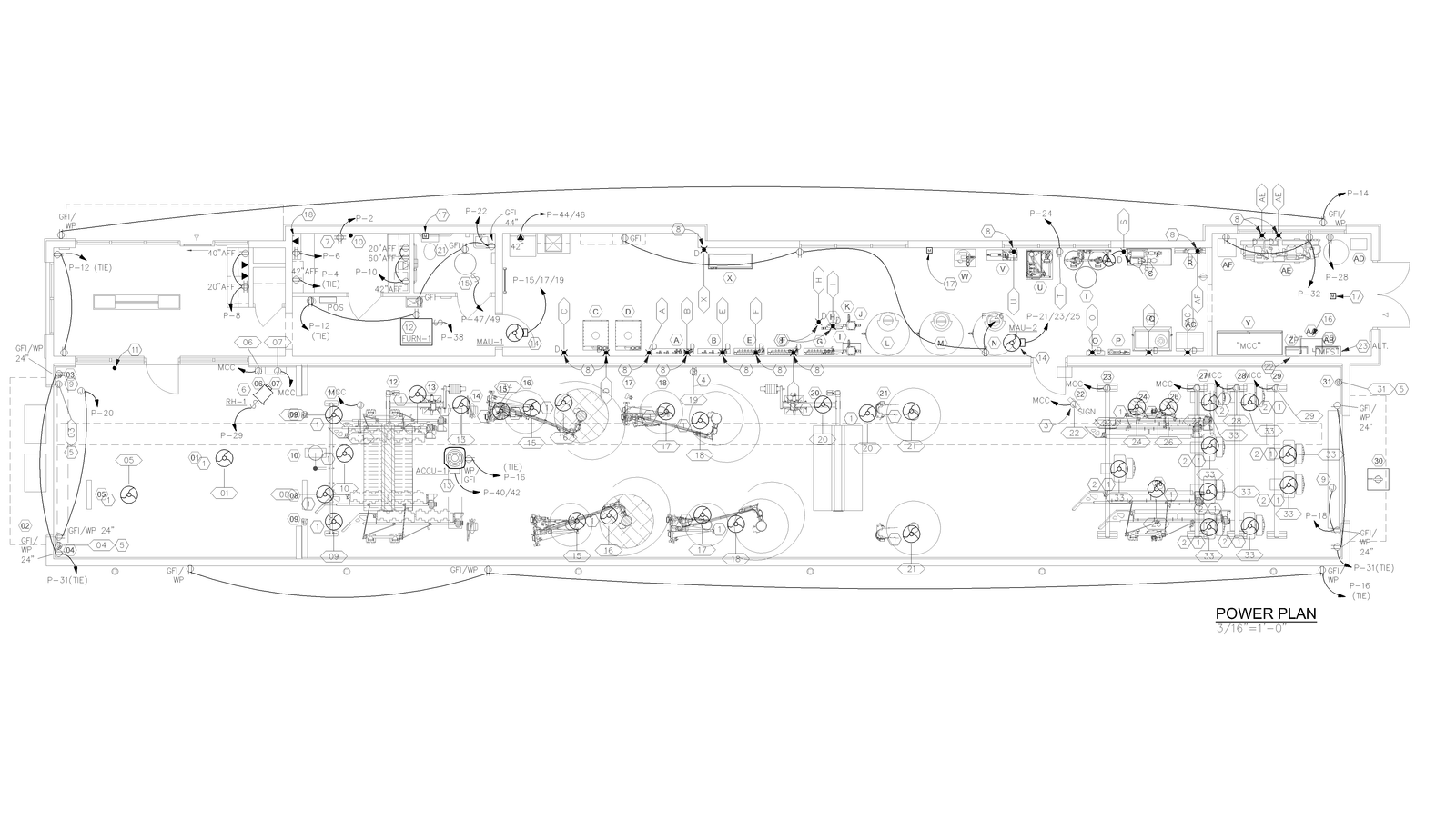 Electrical power plan drawing showing circuit layout.