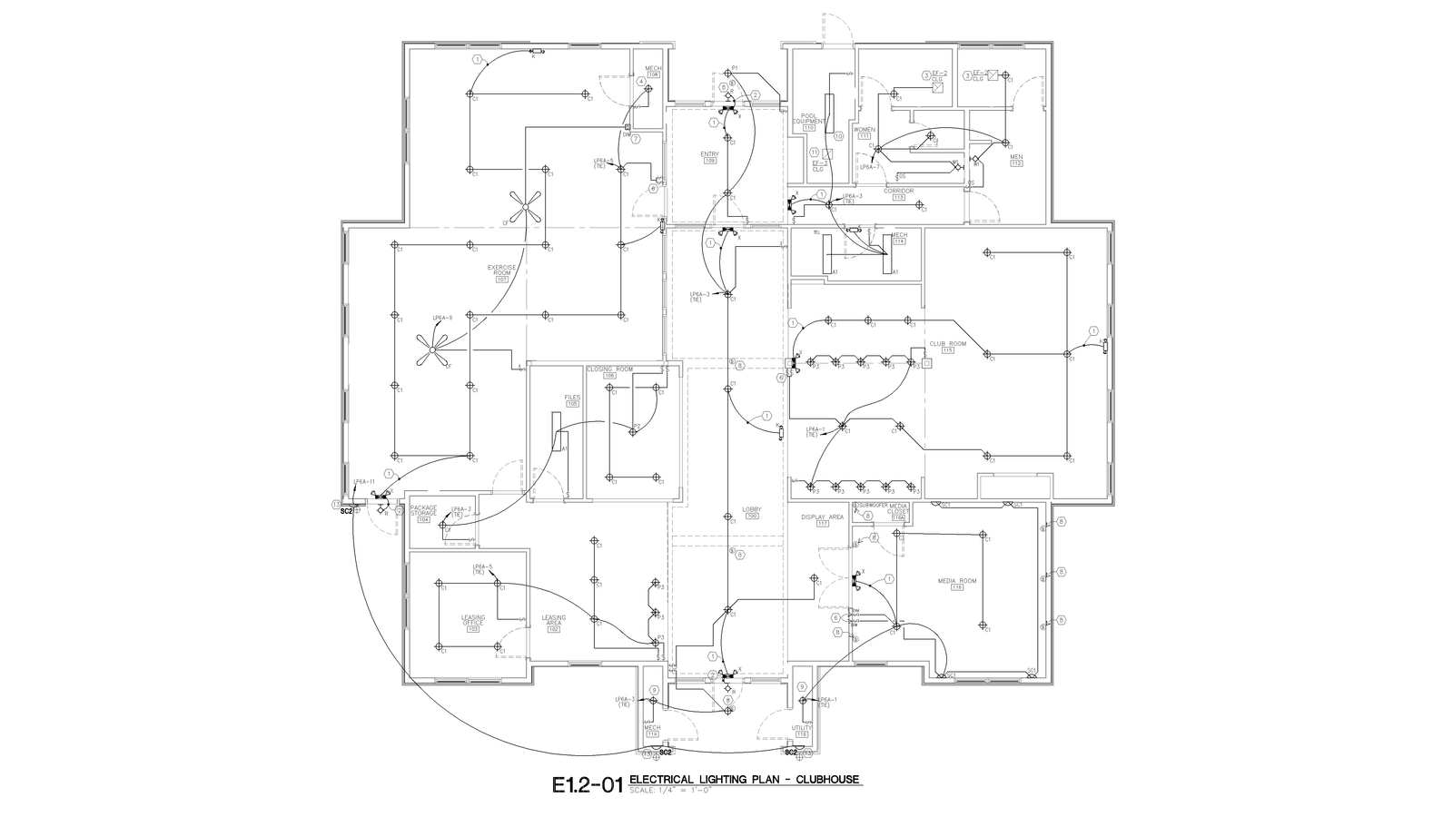 Clubhouse lighting plan drawing showing fixture layout.