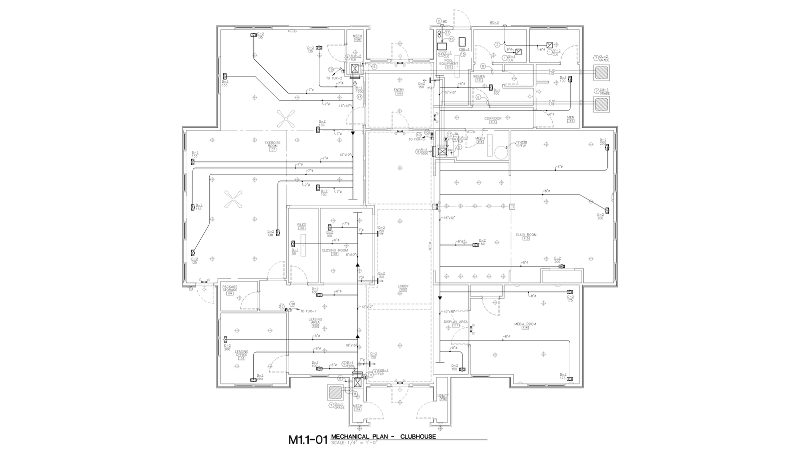 Clubhouse mechanical plan drawing showing HVAC ductwork layout.