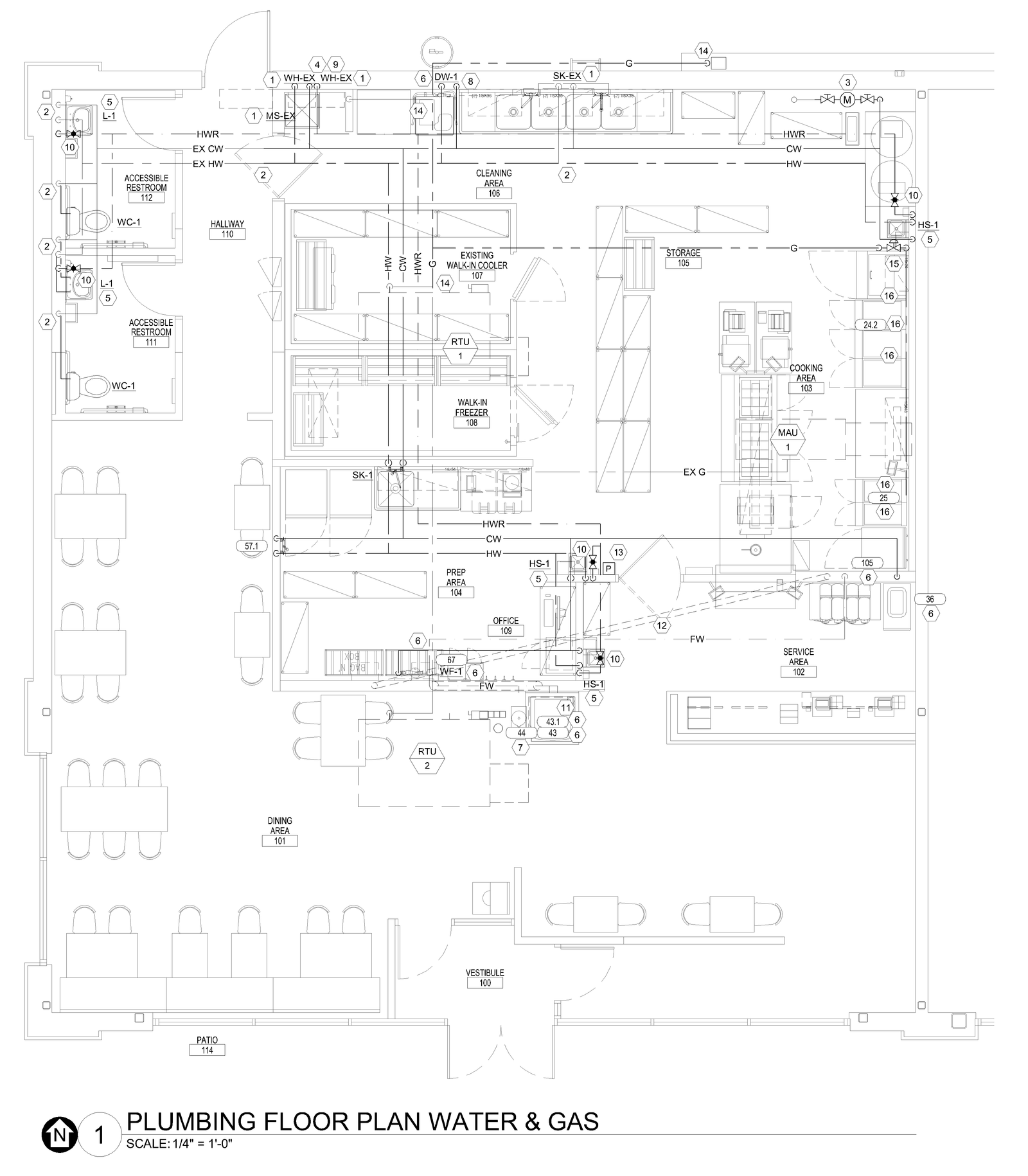 Gas and water plan drawing showing piping layout.
