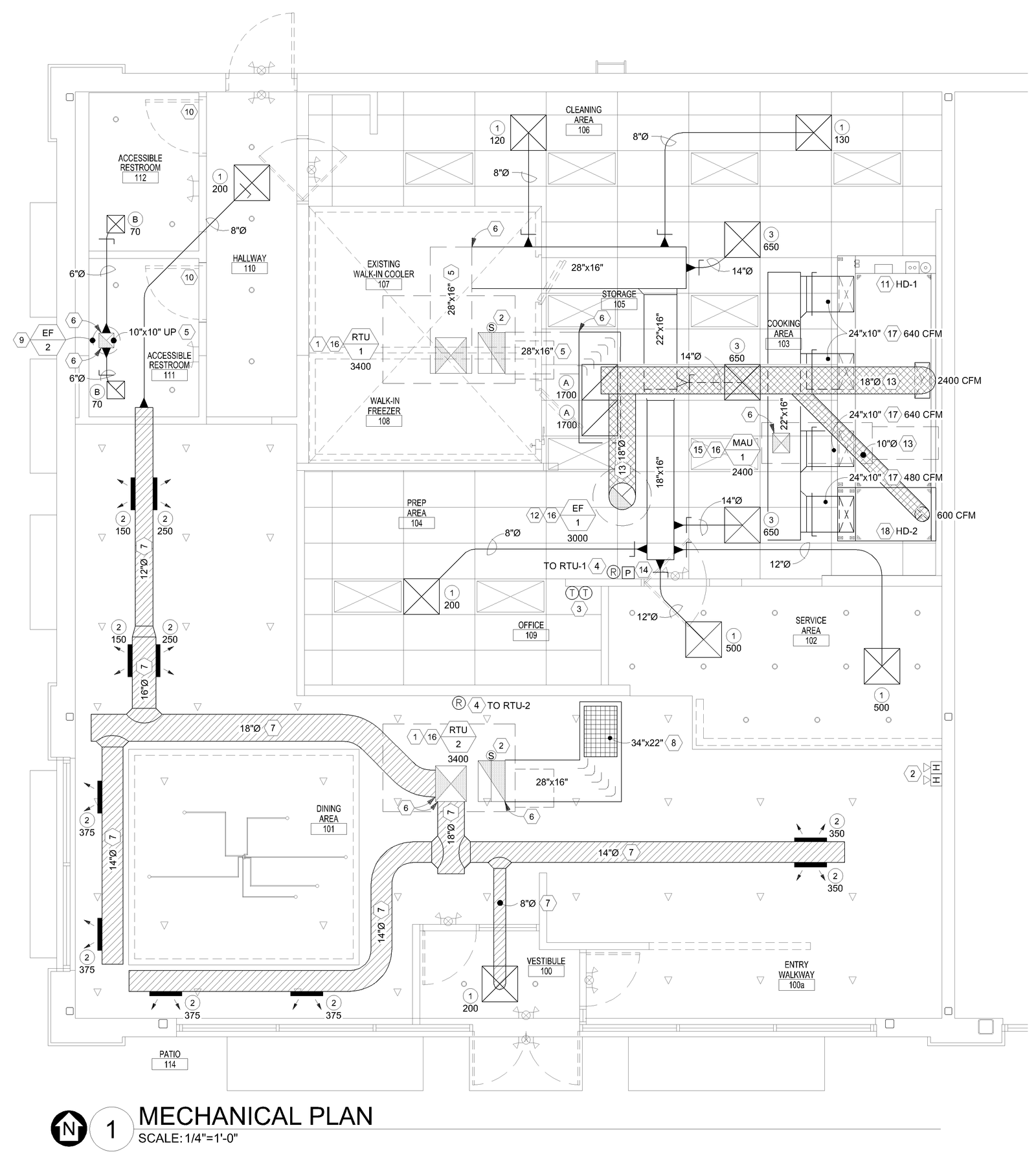 Mechanical plan drawing showing HVAC ductwork layout.