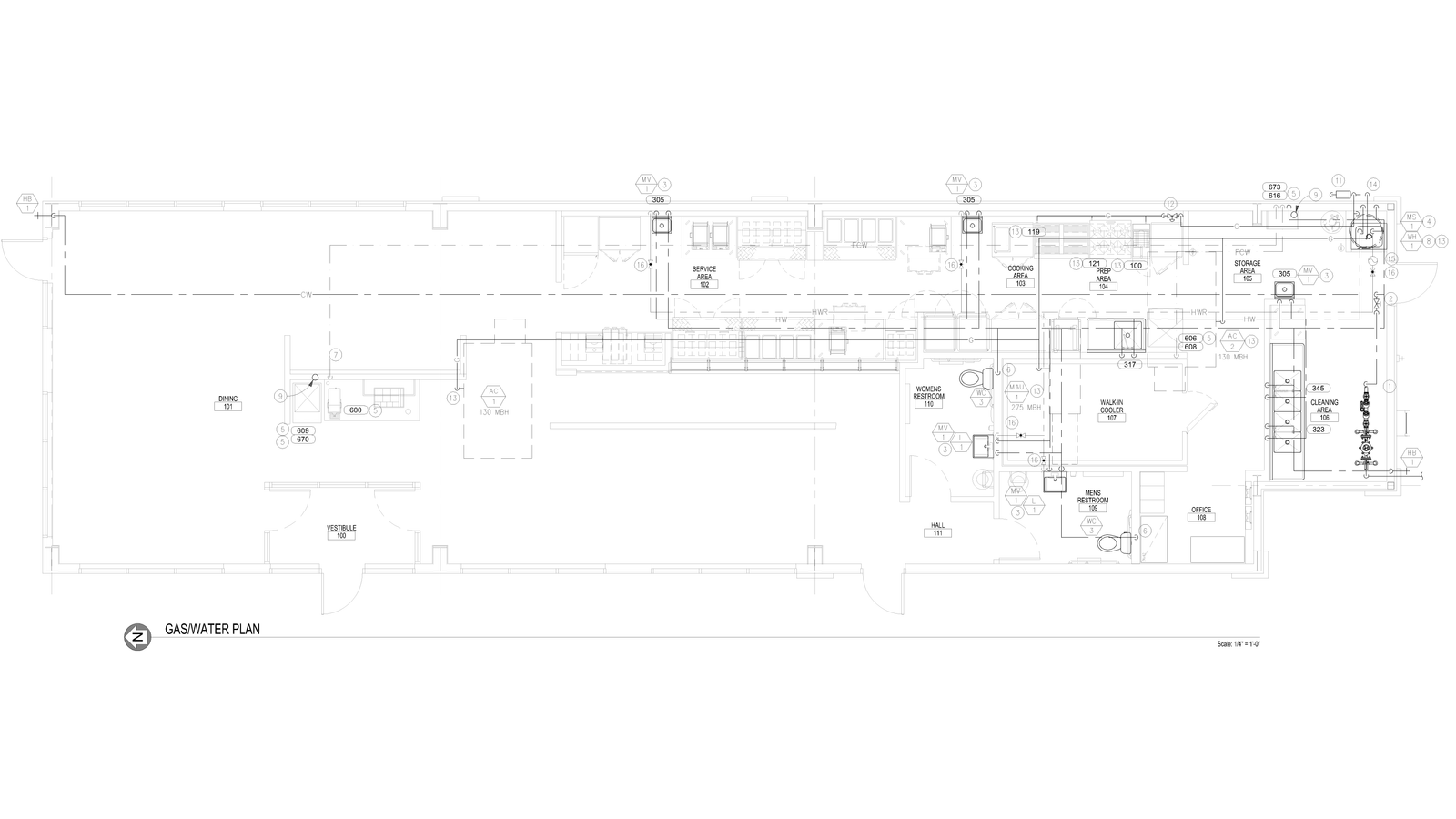 Gas and water plan drawing showing piping layout.