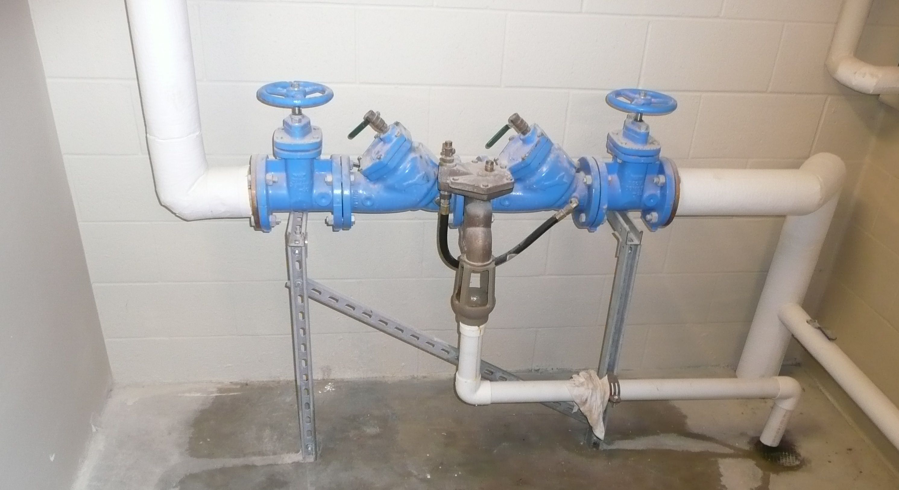 A blue backflow preventer with two hand-wheel gate valves, mounted on a steel stand and connected to white domestic water piping along a painted block wall.